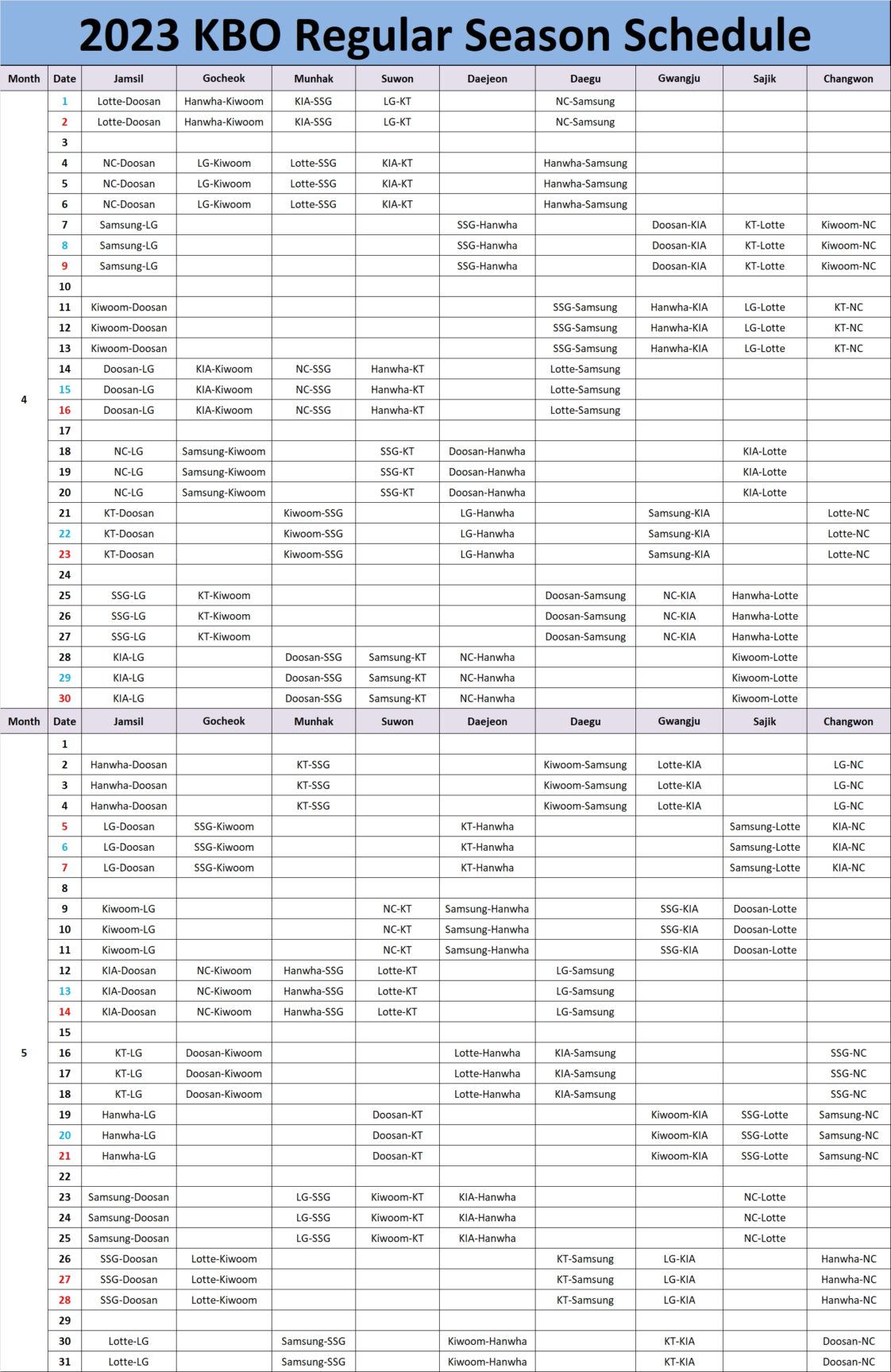 2023 KBO Schedule (click for full schedule) MyKBO